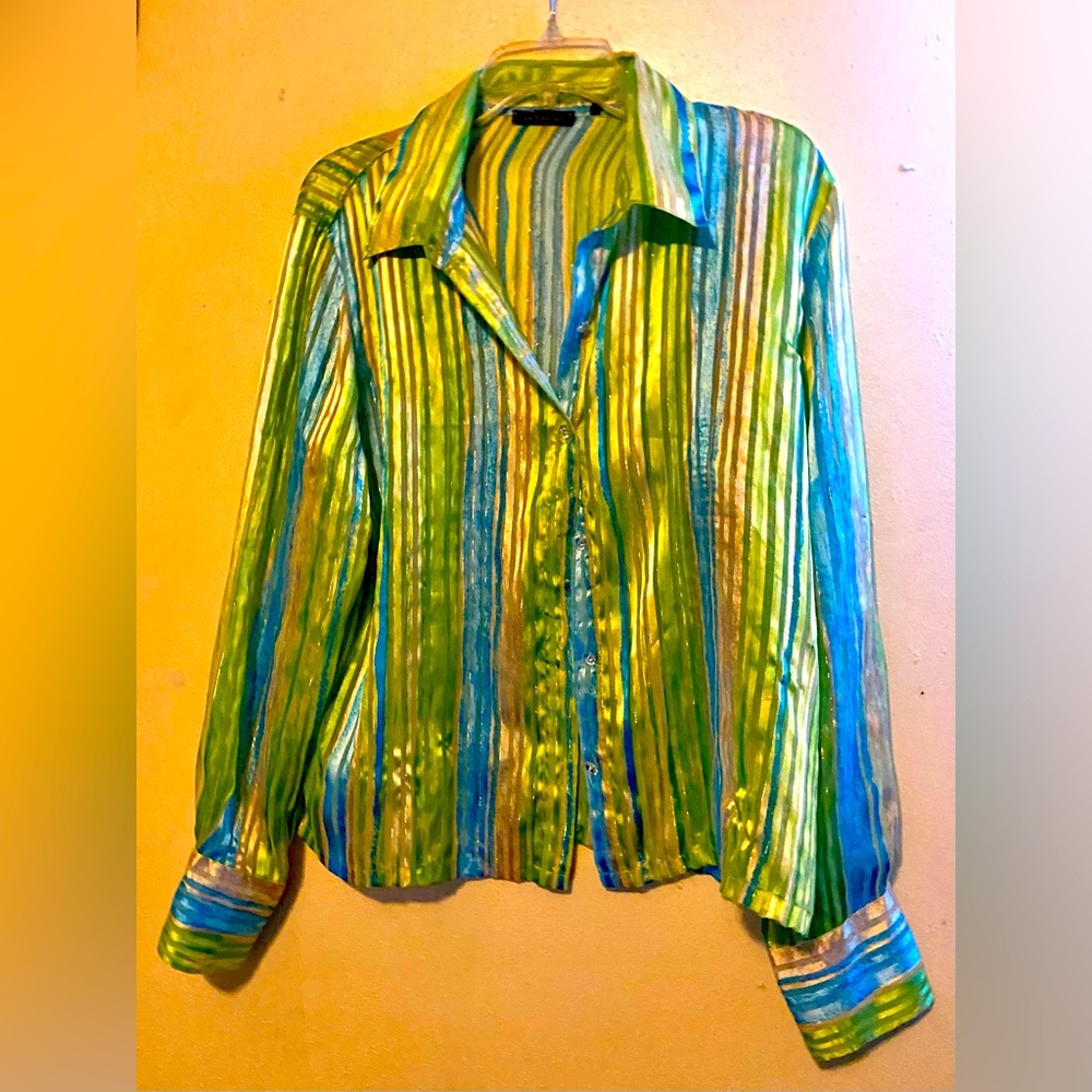 La Caviar Sheer Striped Button Down Top, Size Large